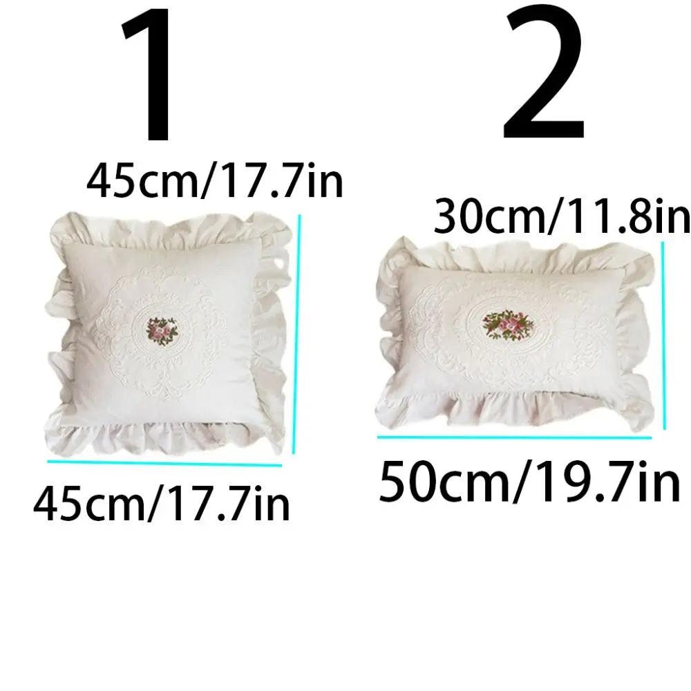 housse coussin brodé motif floral vintage blanc polyester coton lit 45x45 30x50 fixations
