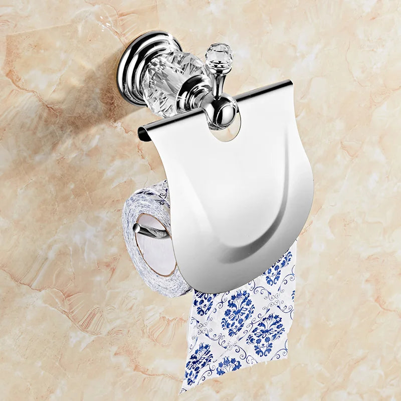 accessoires salle bain chrome cristaux motifs dorés porte savon dentifrice serviettes goblets sèche cheveux