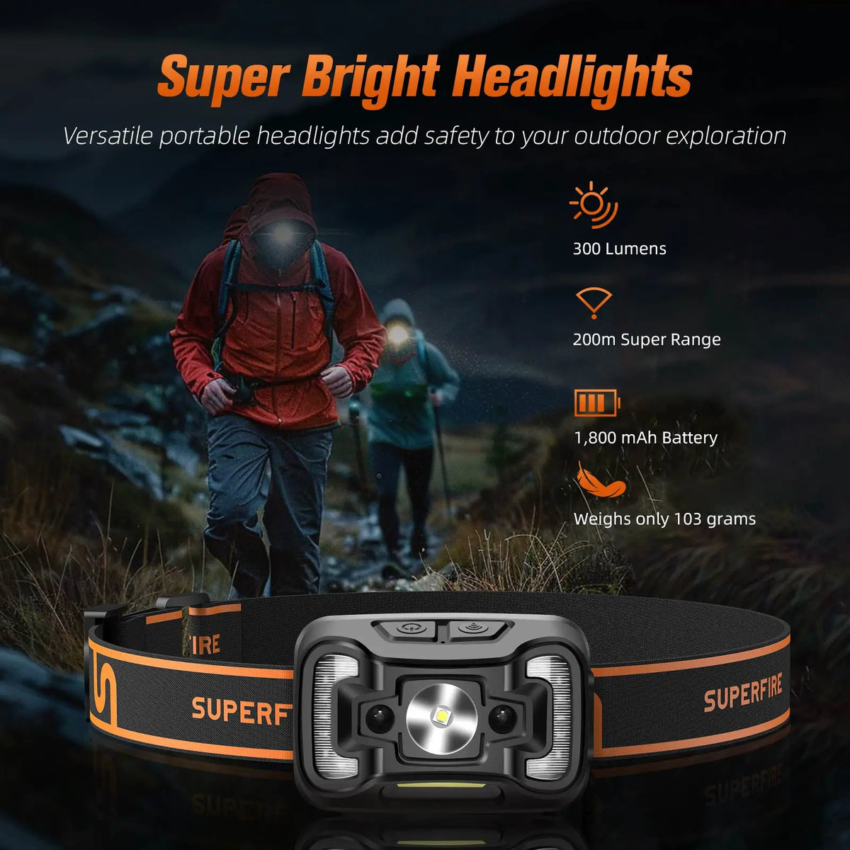 lampe frontale rechargeable led 5w noir orange moderne utilitaire sportive bandeau élastique