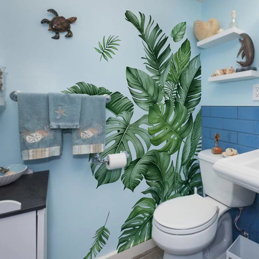 sticker mural moderne feuilles tropicales grandes tailles décoration maison autocollant vert blanc 3d removable
