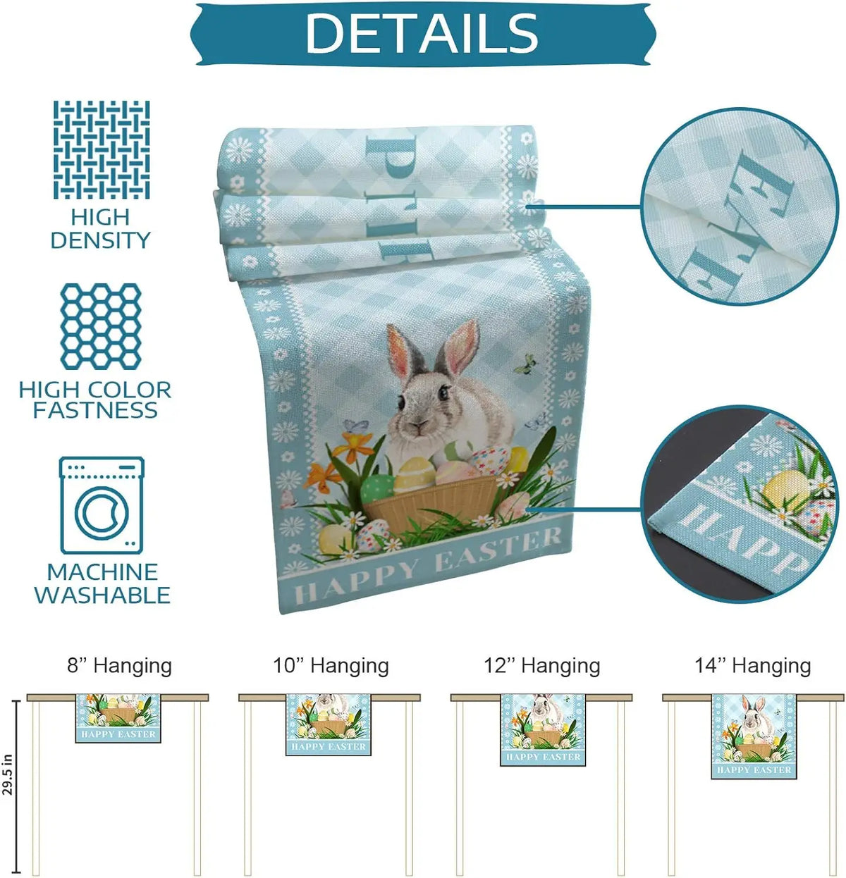 Cette image montre un bannière décorative de Pâques avec un lapin mignon dans un panier, entouré de fleurs et d'oeufs de Pâques, avec différentes tailles de bannières disponibles.