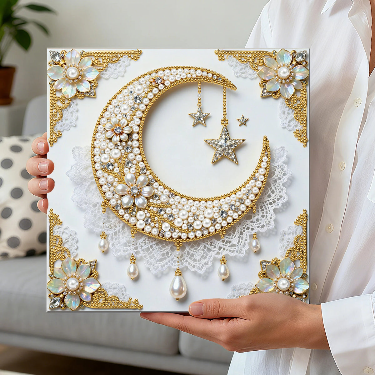 tableau décoratif peinture strass papillons lune étoiles floral contemporain débutant artisanal 25x25cm