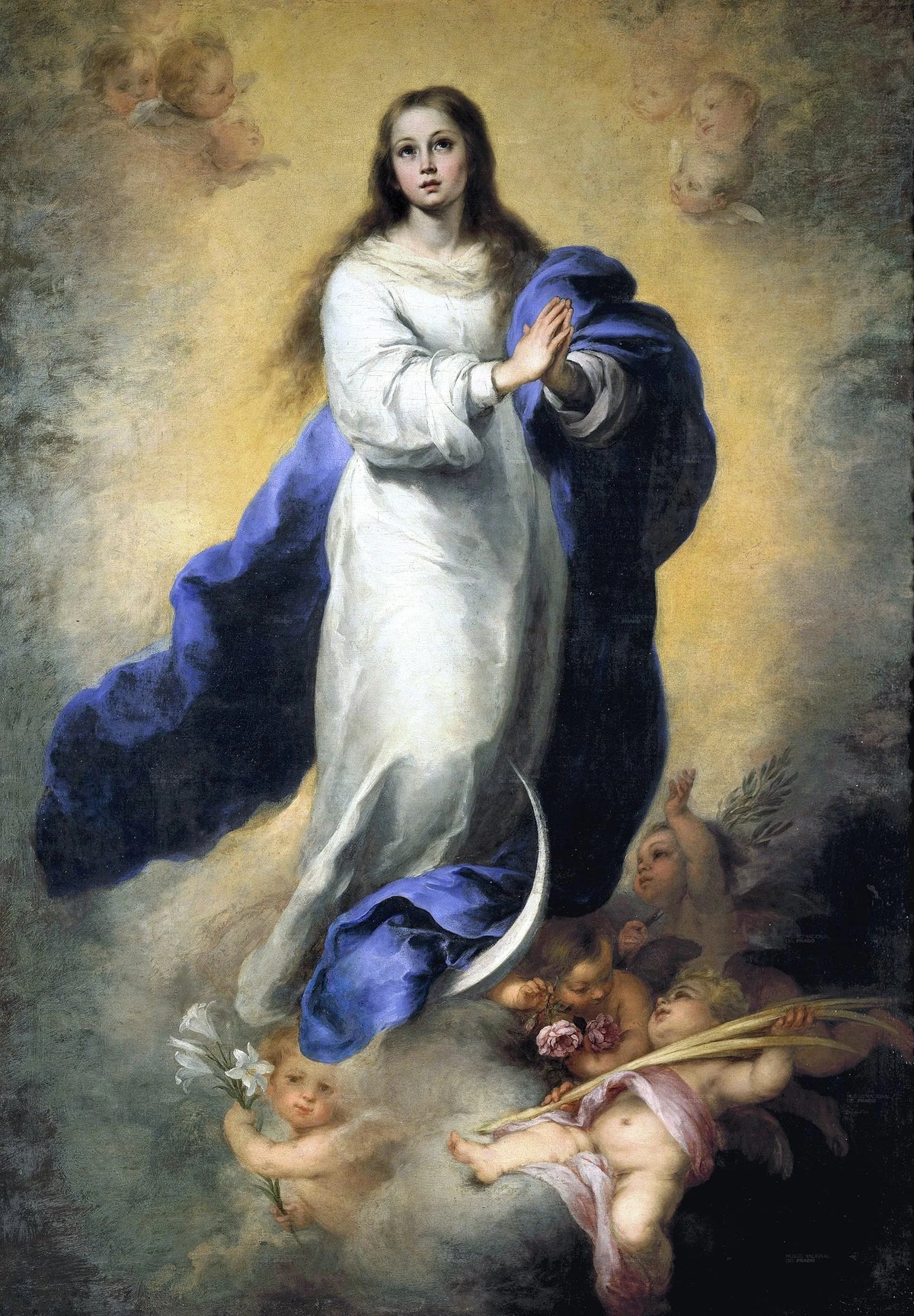 tableau impression toile religieux personnages anges nuages classique blanc bleu doré
