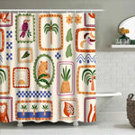 rideau douche tropical motif animaux océanique orangé crème bleu vert
