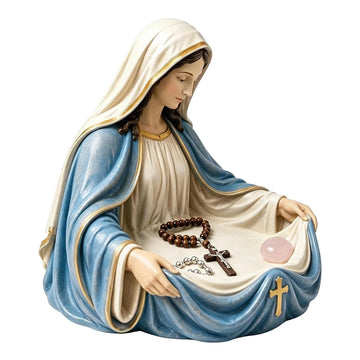 organisateur religieux statue vierge marie résine bleu crucifix chapelet bijoux bague