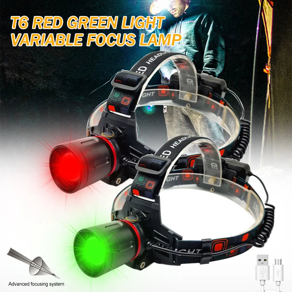 lampe frontale rechargeable led zoomable noir rouge vert phare modes torche pêche chasse camping