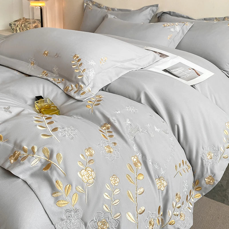 ensemble literie classique broderie florale dorée 100% coton bleu clair rose pâle gris clair