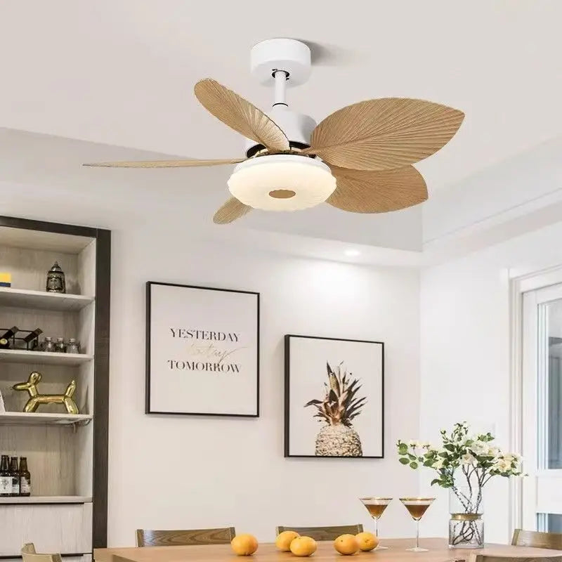 ventilateur led moderne feuilles palmier blanc beige opacité télécommande certification vde ul cqc