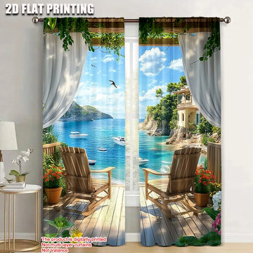 rideau moderne gris vert bleu beige blanc paysage marin polyester festif decoration fenetre