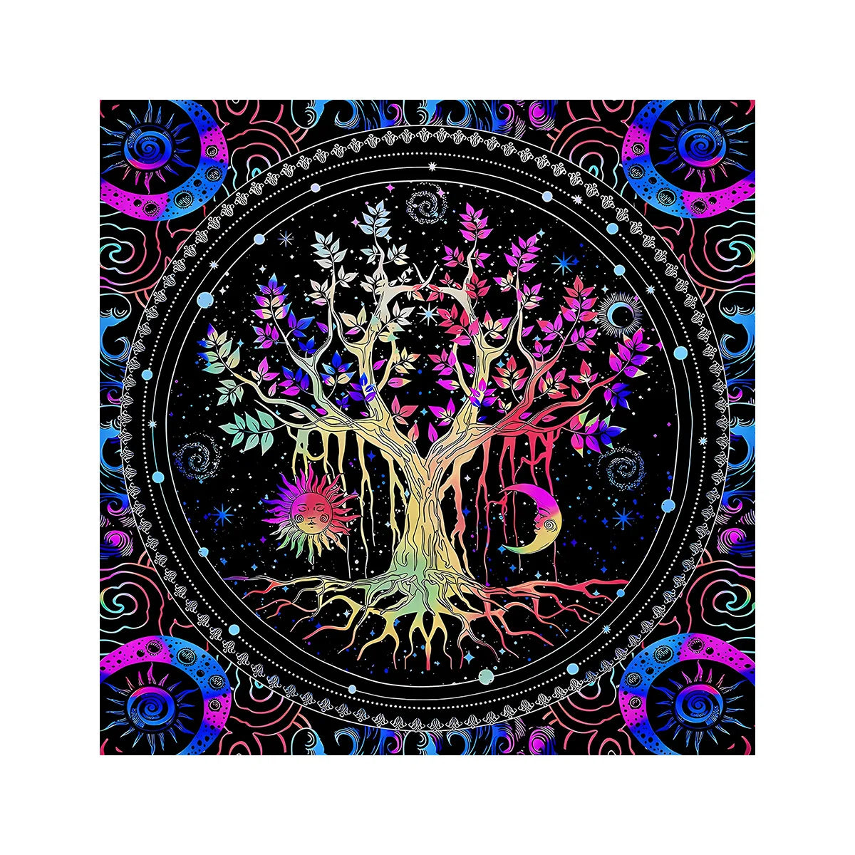 tapis décoratif arbre vie étoiles mystiques tarot printemps été noir bleu violet rose doré