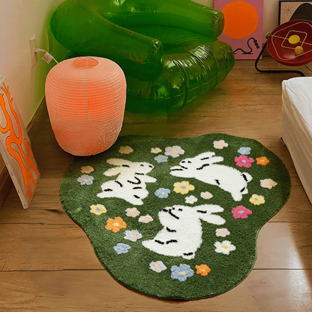 tapis vert lapins fleurs moderne lavable voyage salon cuisine extérieur plage