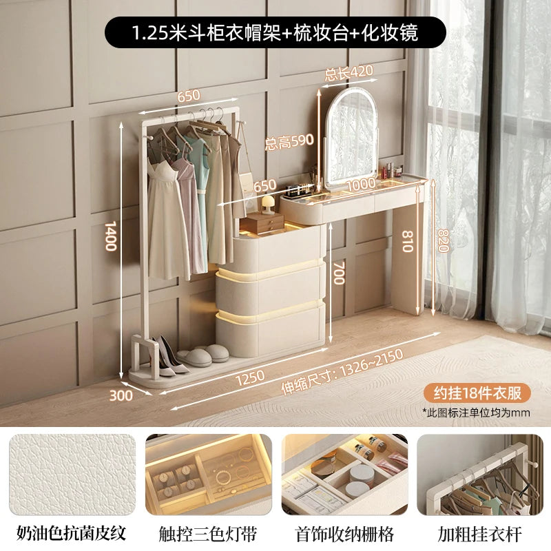 coiffeuse bois moderne beige miroir tiroirs tabouret étagère rangement chambre coucher