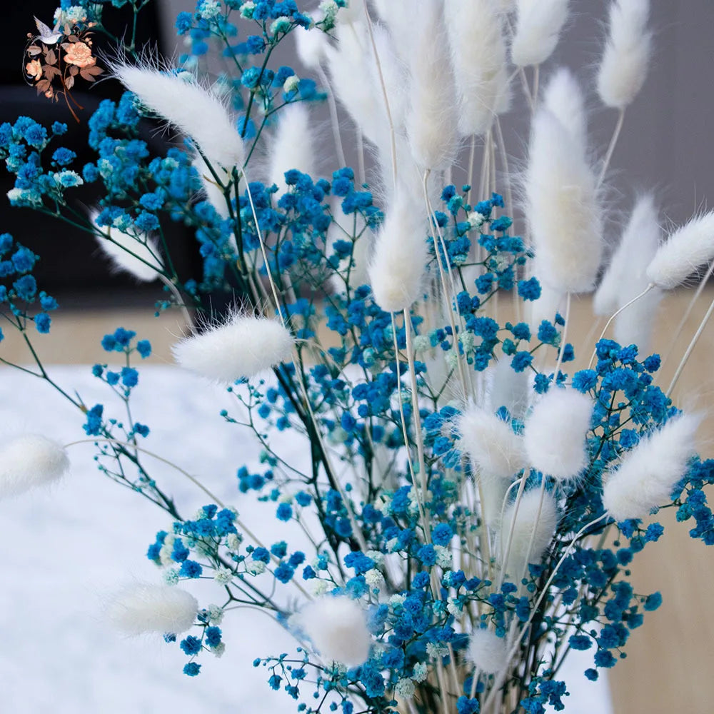 bouquet fleurs séchées orange rose bleu blanc vase transparent décoration naturelle rustique maison