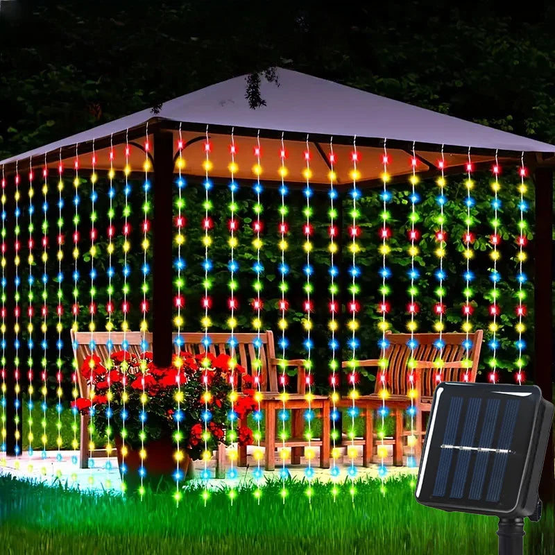 guirlande lumineuse solaire extérieure jaune doré rideau vertical festif romantique ip65 led pvc
