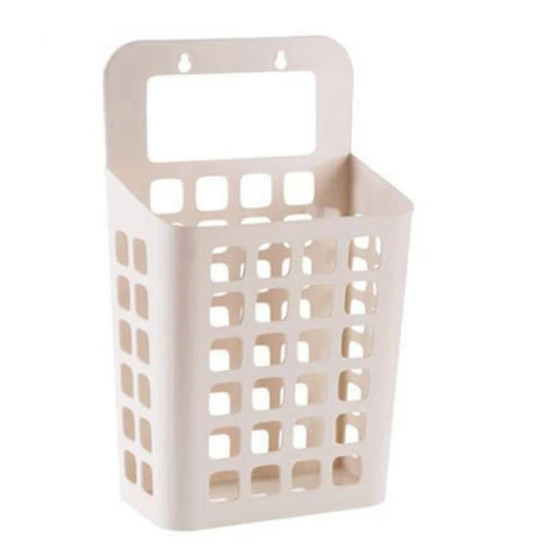 panier linge suspendu perforé beige gris blanc clips adhésifs rangement minimaliste chambre enfants salon