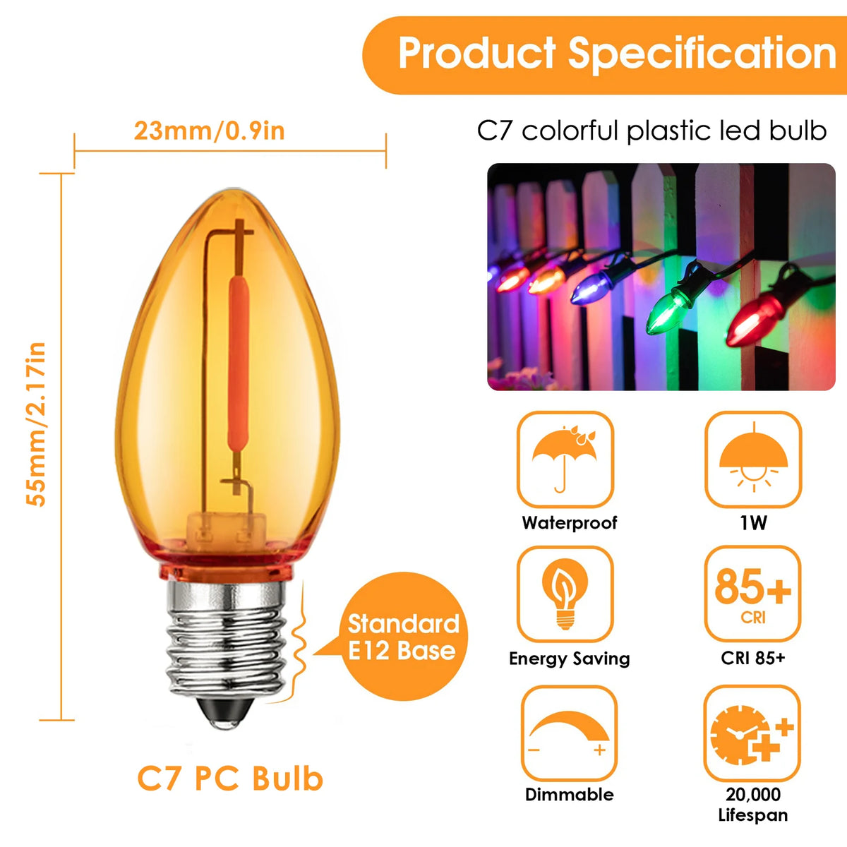 ampoules led c7 multicolore jaune bleu rouge vert orange transparentes modernes ip44 étanche 1w