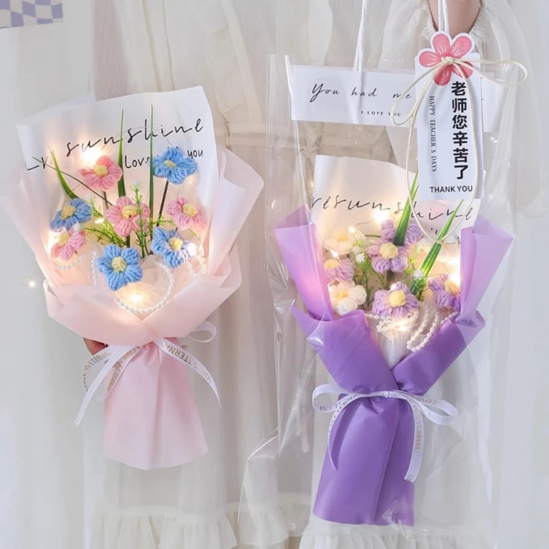 Bouquet fleurs artificielles crochetées orange bleu rose violet blanc moderne