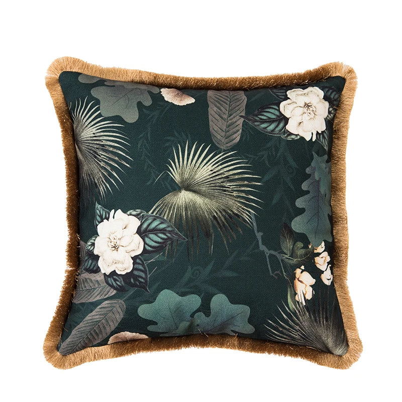 housse coussin coton fleur blanche motif floral vert beige élégante décorative carrée 45x45cm 55x55cm