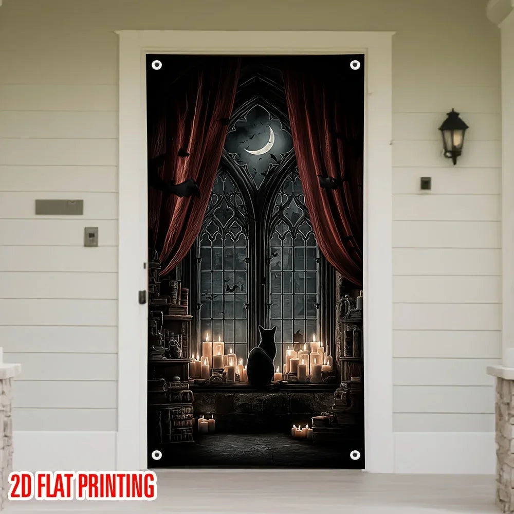 poster mural gothique halloween noir rouge gris clips fenêtres rideaux bougies