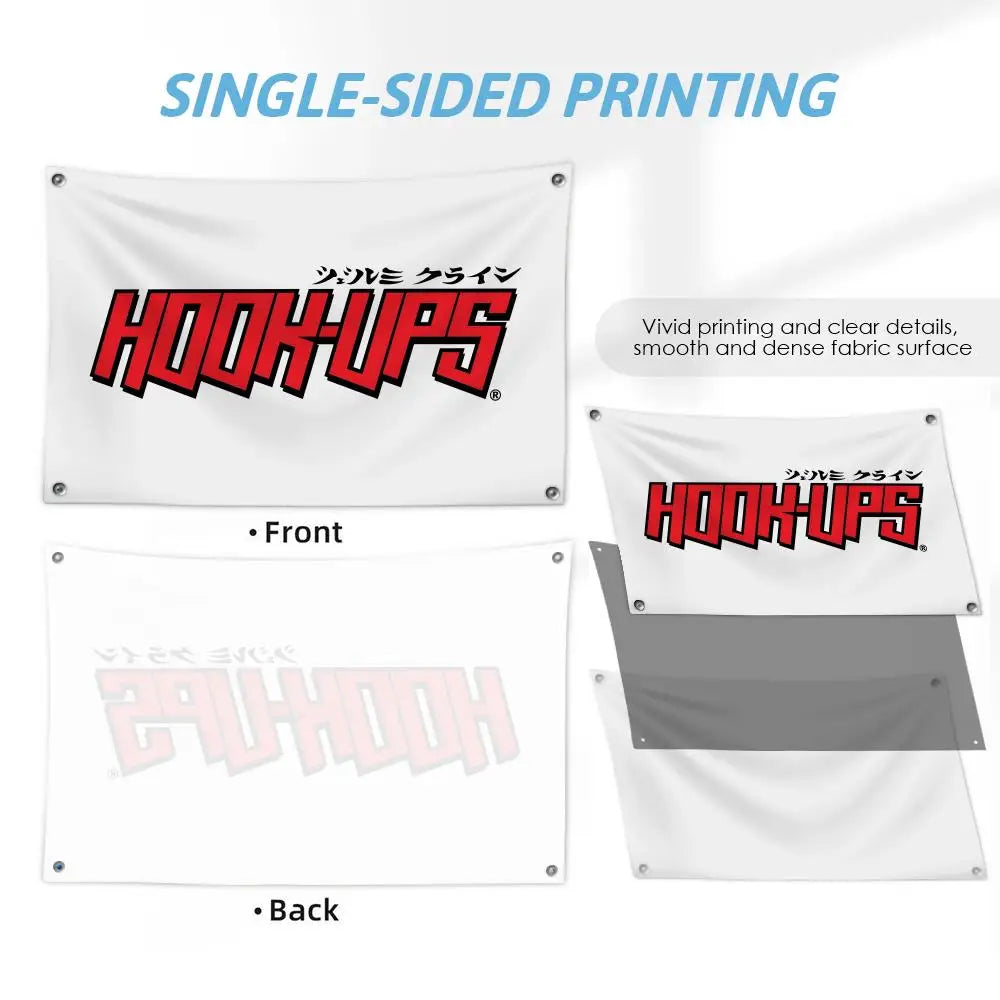 drapeau decoratif hookeups blanc noir rouge vert urbain streetwear lettres stylisees texturé opaque echangableintérieurextérieur