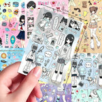 sticker autocollant dessins animés multicolore illustration cartoon personnages objets texte pack matériel collage