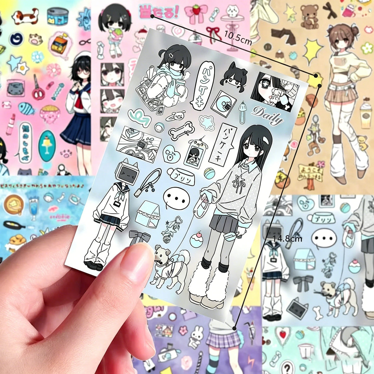 sticker autocollant dessins animés multicolore illustration cartoon personnages objets texte pack matériel collage