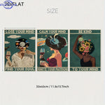 affiches murales vintage illustrées personnages accessoires bois opaques abstrait vert blanc noir rose bleu