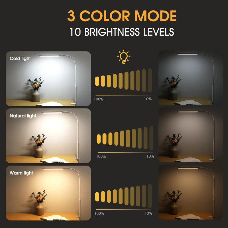 lampe led moderne clip usb noir 10 niveaux luminosité interrupteur modes abat jour aluminium