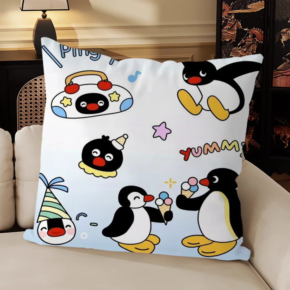 housse coussin carré beige motif pingouin cartoon décoratif salon chambre enfant tissu coton