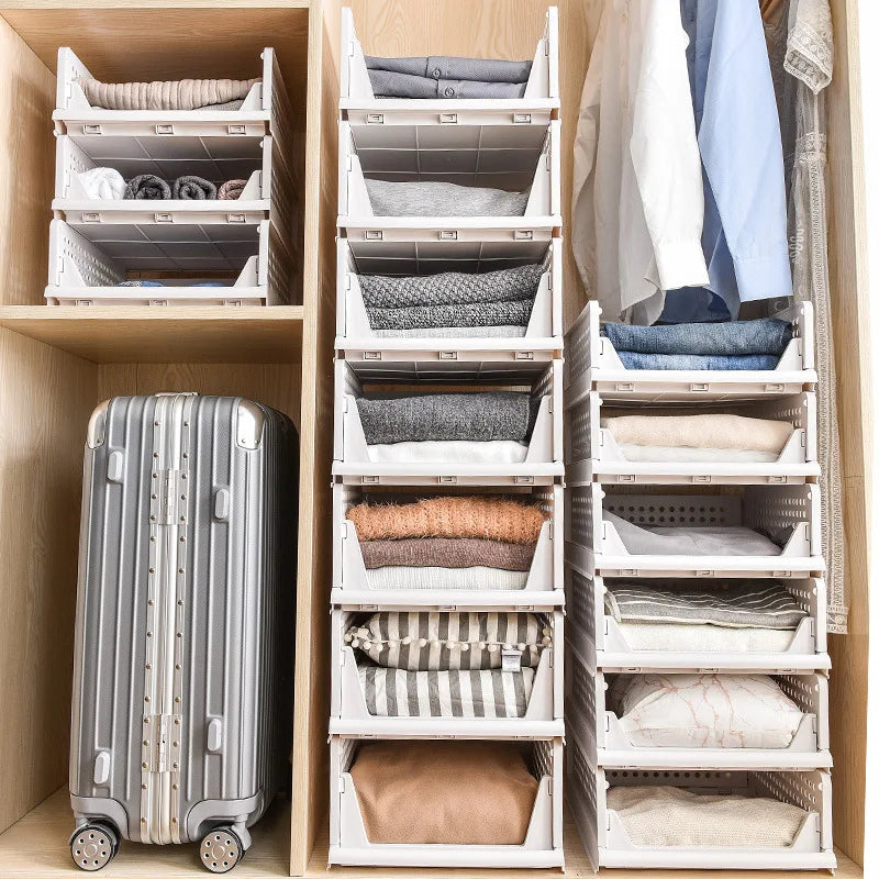paniers rangement blancs perforés empilables respectueux environnement moderne fournis clips armoire vêtements pliés