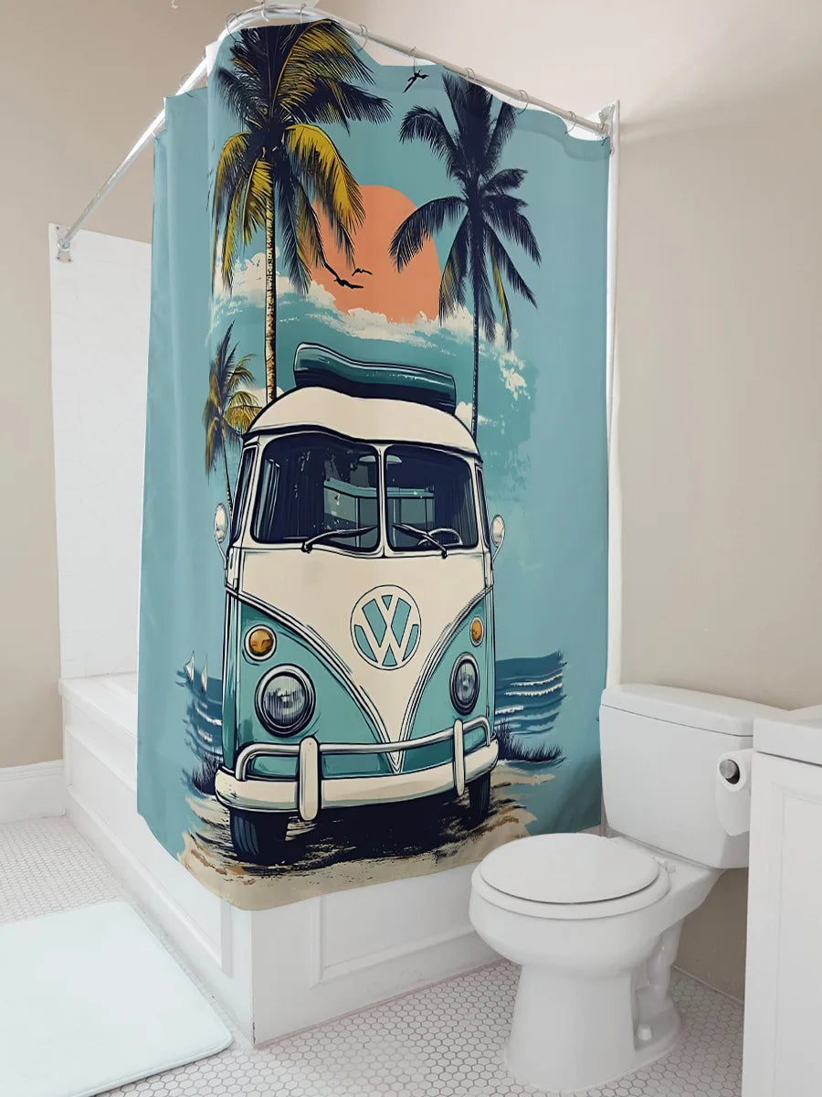 rideau douche vintage vw van palmiers couchersoleil bateau bleuclair toile polyester moderne