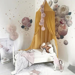 canopée lit enfant polyester gris blanc jaune rose motif floral moderne anneaux vis suspension