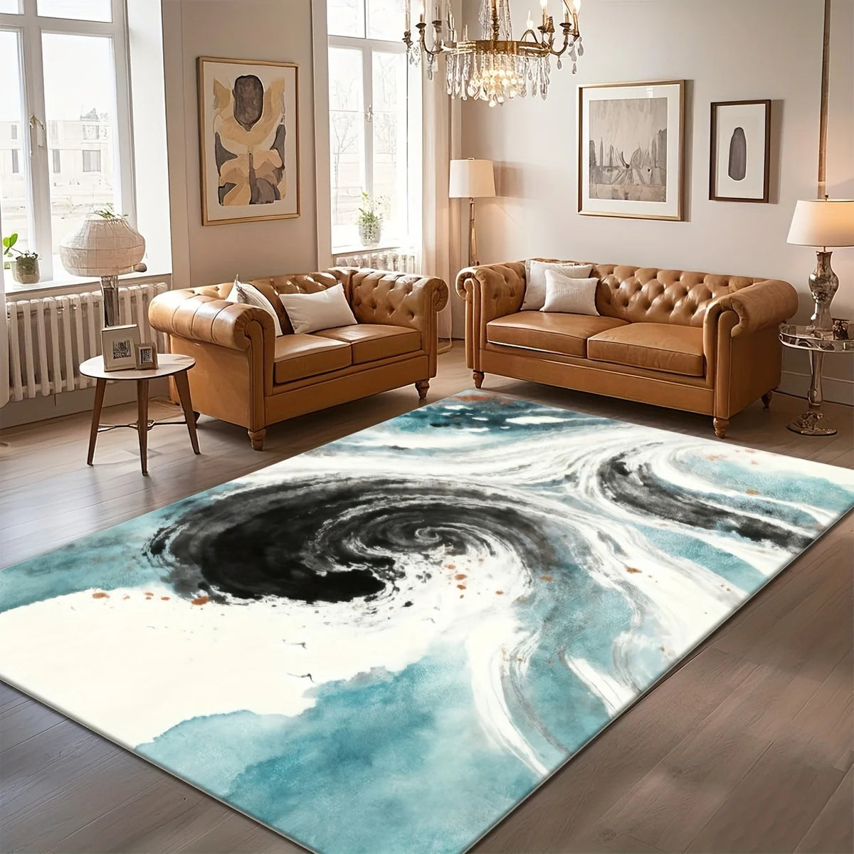 tapis moderne polypropylène polyester abstrait bleu noir blanc durable résistant extérieur prière