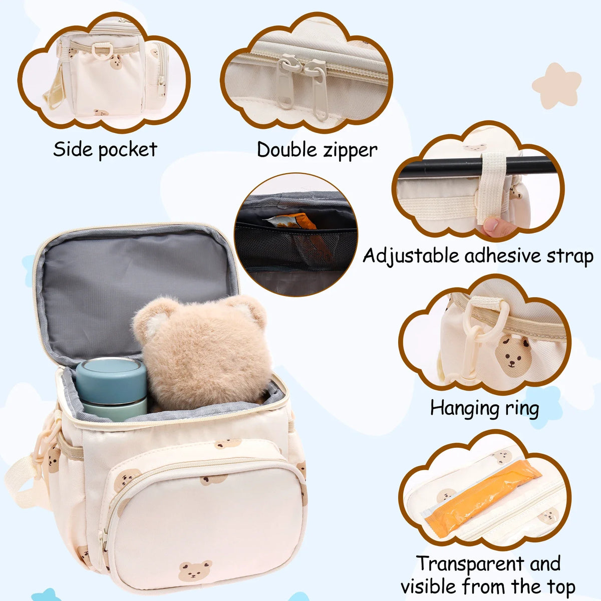 sacoche bébé panier vélo ours motif enfant bandoulière ajustable tissu nylon transparent