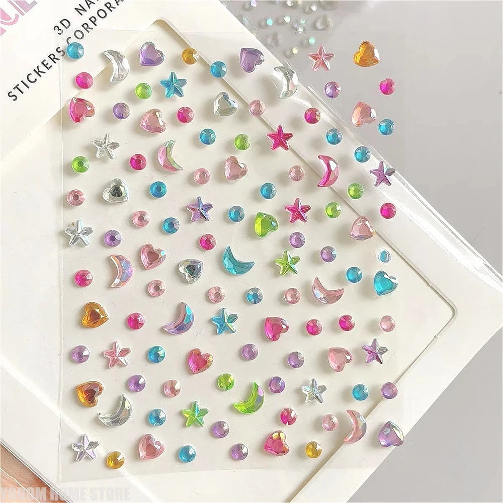 sticker décoratif 3d étoile lune cœur strass argent rose vert bleu orange jaune violet