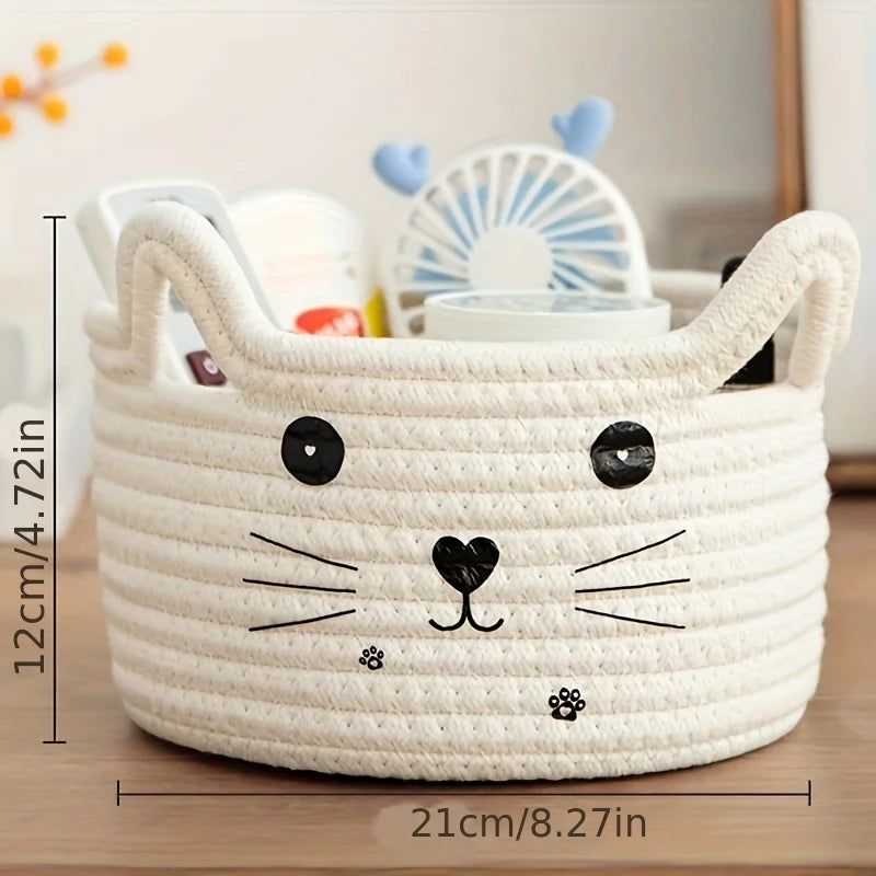 panier rangement visage chat imprimé poignées oreilles blanc jaune rose bleu marronclair