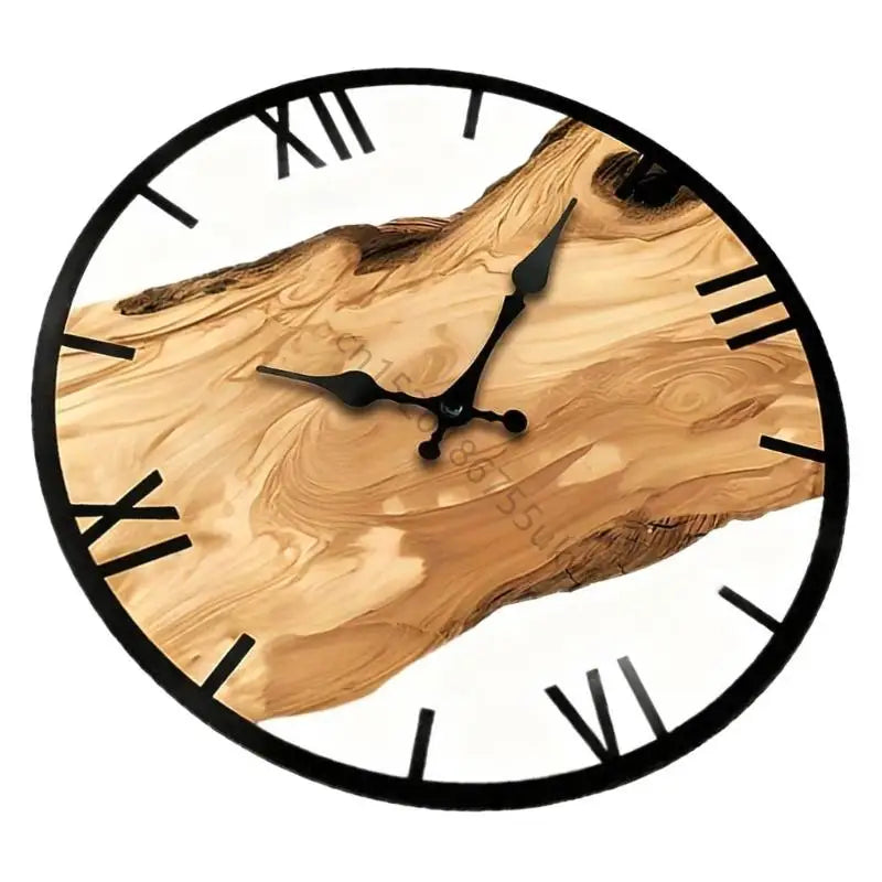 horloge murale moderne bois texture naturelle aiguille numérique noir marron clair fixations decoration maison