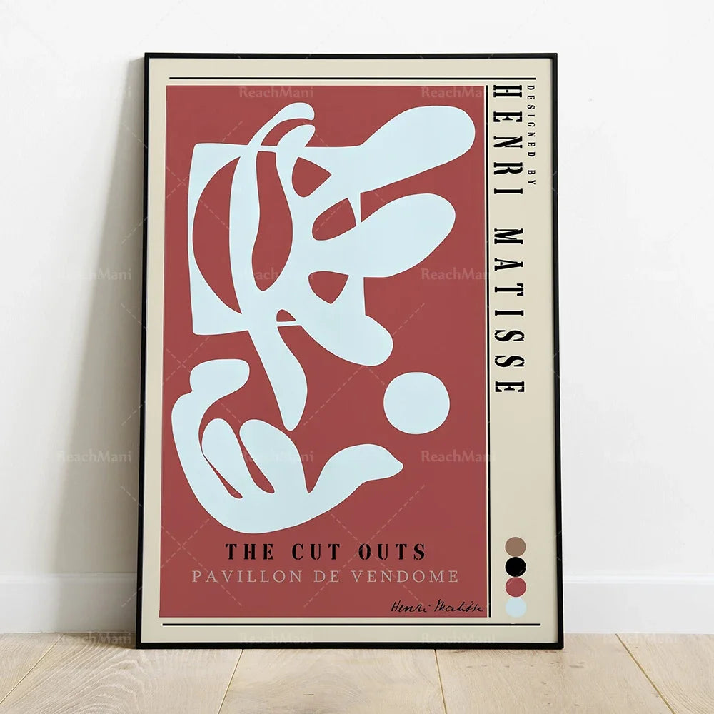 Une affiche minimaliste en rouge et blanc représentant l'exposition "The Cut Outs" au Pavillon de Vendôme.