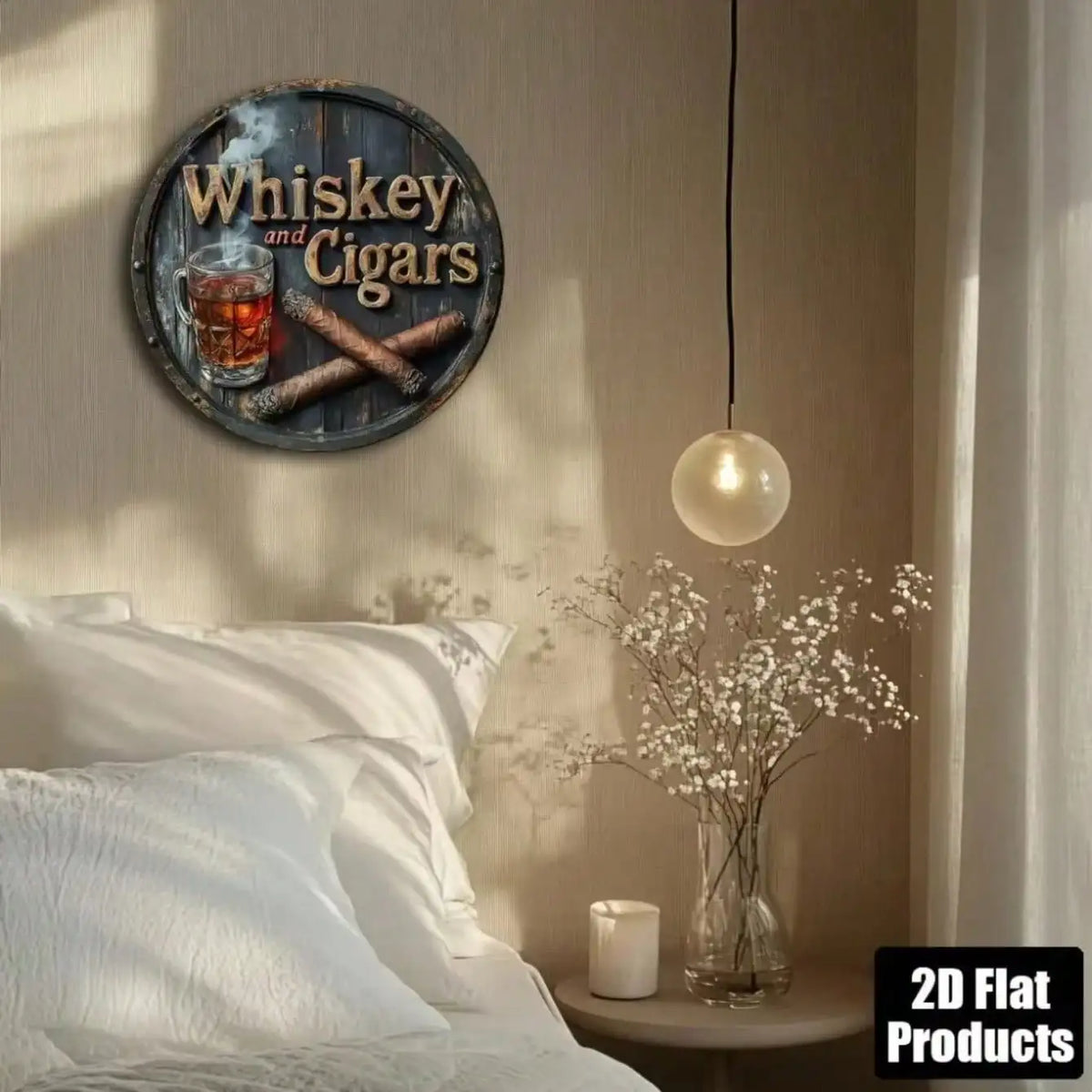décoration murale plaque métal vintage whisky cigares gris brun beige relief texte fixations vis