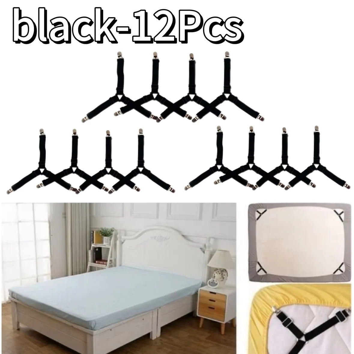 attaches drap lit clips élastiques noir blanc réglables anti tirage ignifuge polyester modernes