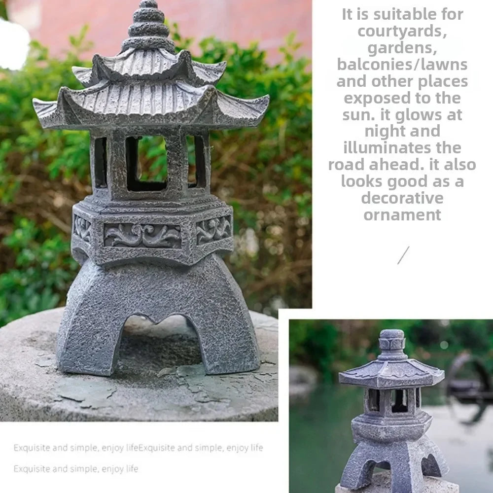 lanternes solaires décoratives japonais traditionnel gris foncé lumiere orangée aspect pierreux zen retro