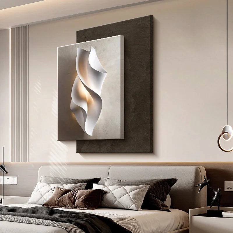 tableau abstrait contemporain mural led blanc gris marron clair ondulé mat éclairage minimaliste chambre