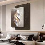 tableau abstrait contemporain mural led blanc gris marron clair ondulé mat éclairage minimaliste chambre