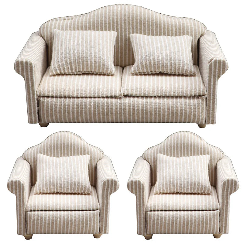 miniatures meubles classiques canapé fauteuil beige rayures coussins tissu texturé traditionnels