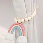 rideaux boho arc ciel franges bois blanc rose bleu clair anneaux