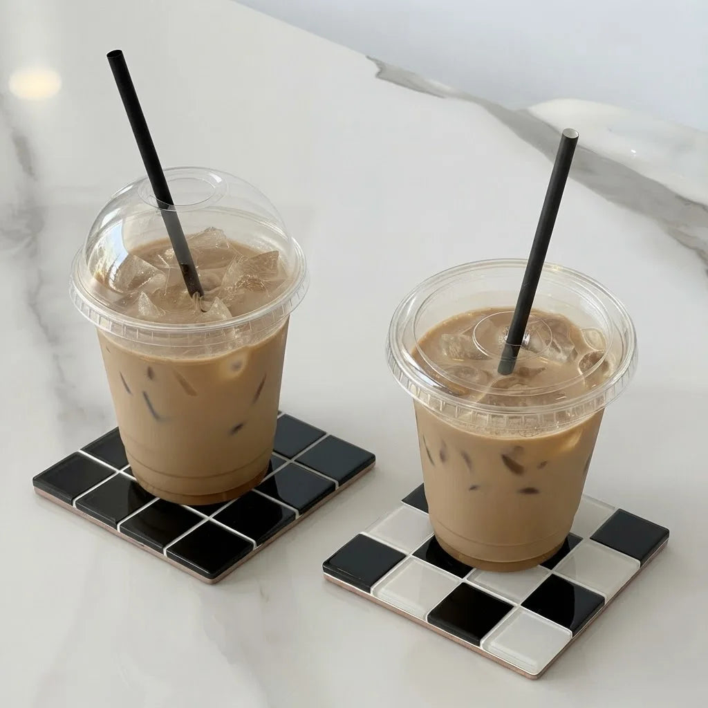 coasters verre résistant chaleur carreaux géométriques couleur rouge vert beige bleu noir jaune rose