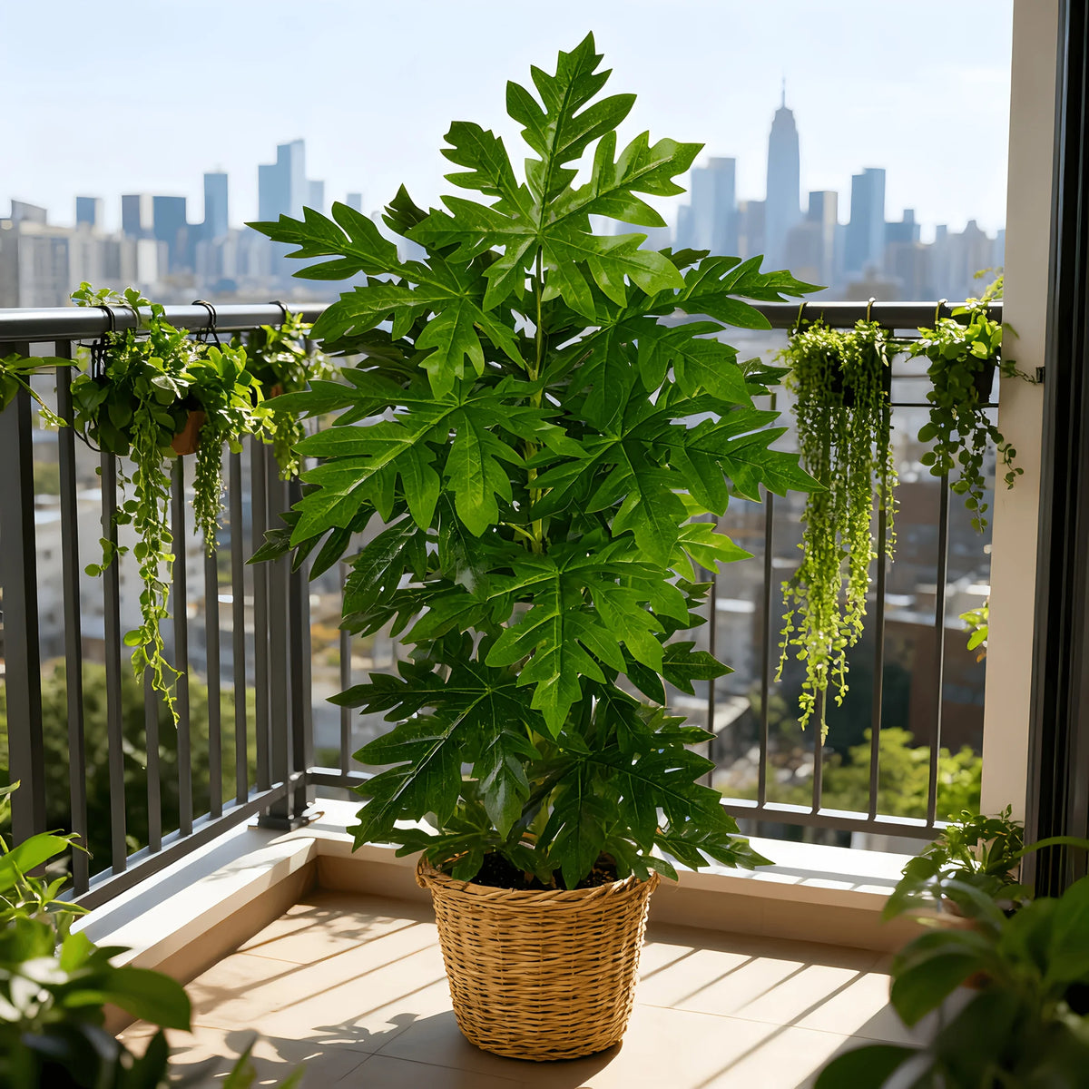 plante artificielle verte feuilles larges décoration intérieure pot beige tressé salon chambre