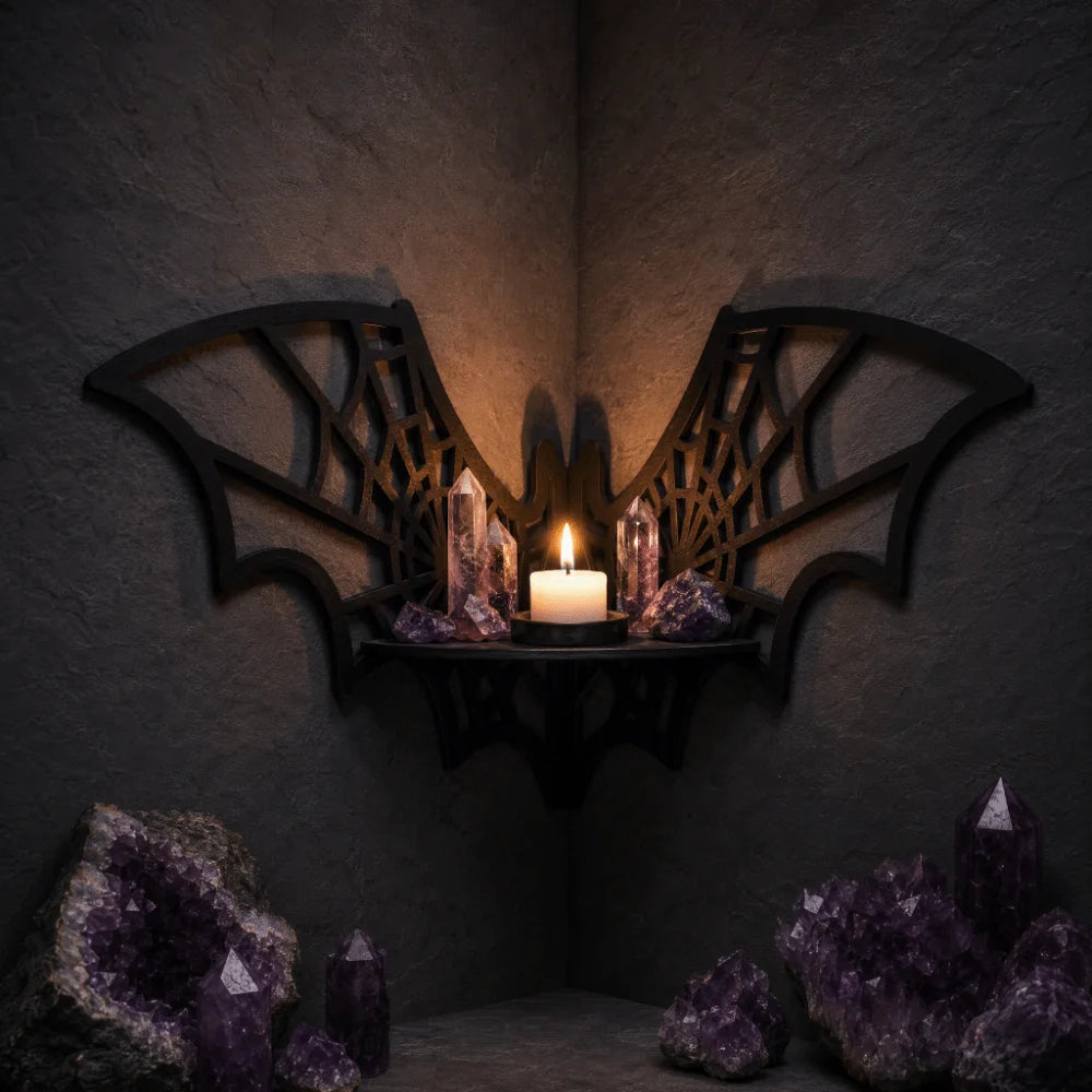 étagère murale chauve souris bois toile d'araignée gothique noir artisanat