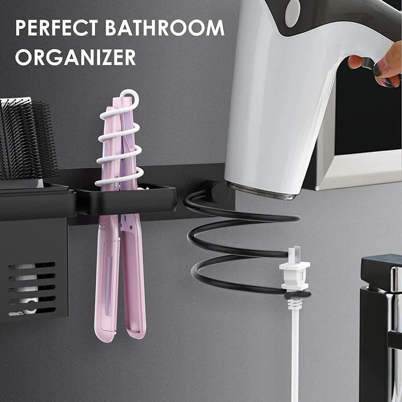 organisateur mural noir moderne porte sèche cheveux pince brosse cordon vis fixations salle bain