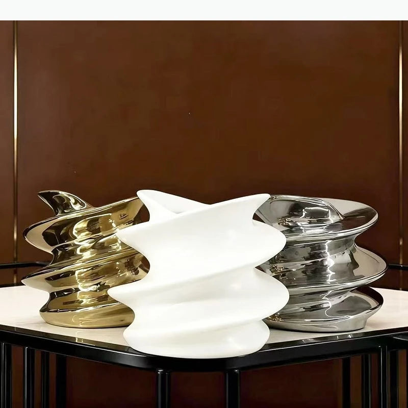 vase décoratif moderne argent brillant ondulé table fleurs transparent minimaliste